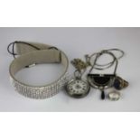 A Swarovski paste hair band with a box, a silver cased key wind open faced fob watch, Birmingham