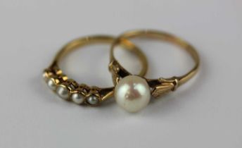 A gold and seed pearl five stone ring detailed '18ct', ring size M, and a gold and pearl ring