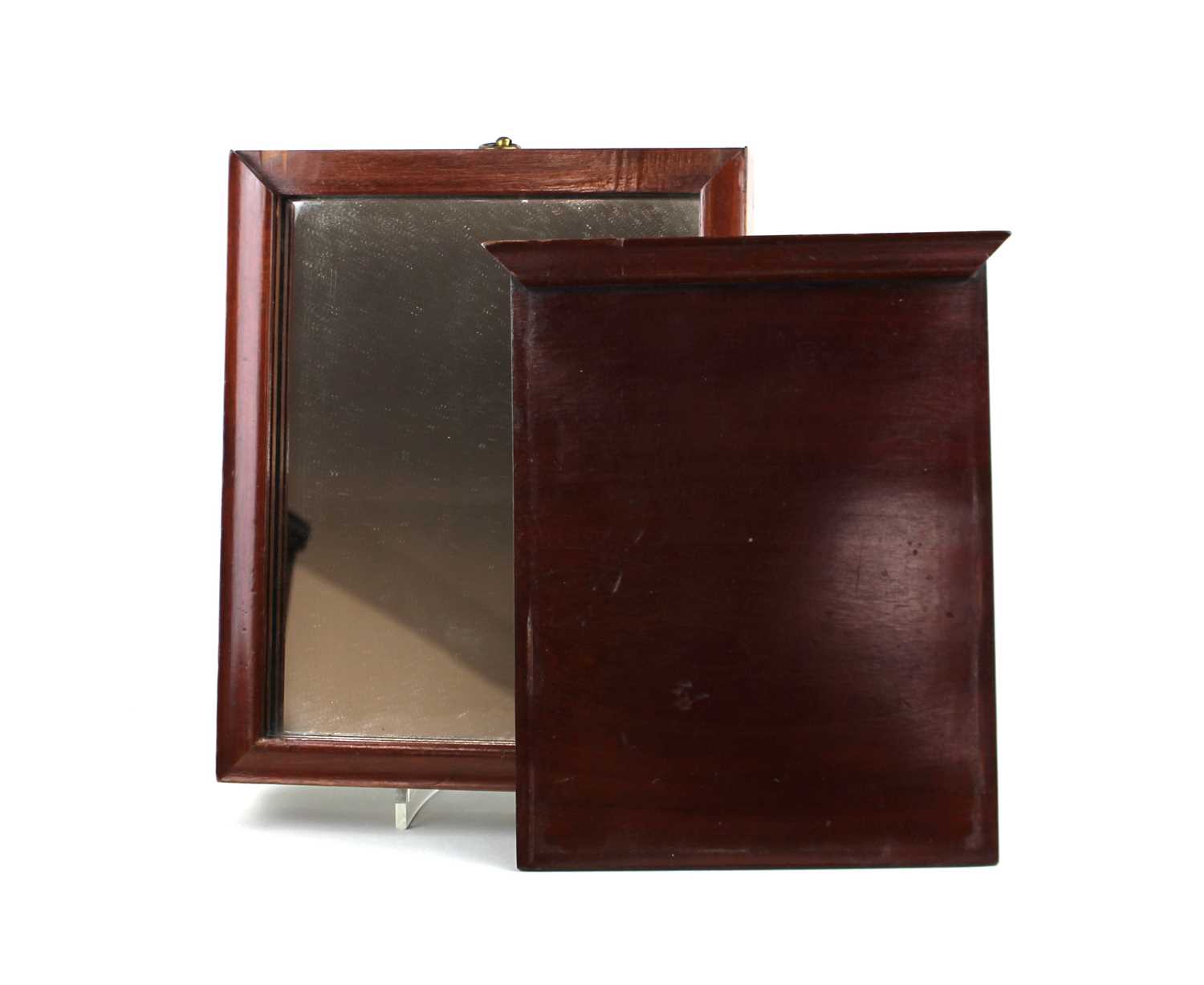 A 19th century mahogany campaign mirror with slide out cover, rear stand and brass hanging loop - Image 2 of 2