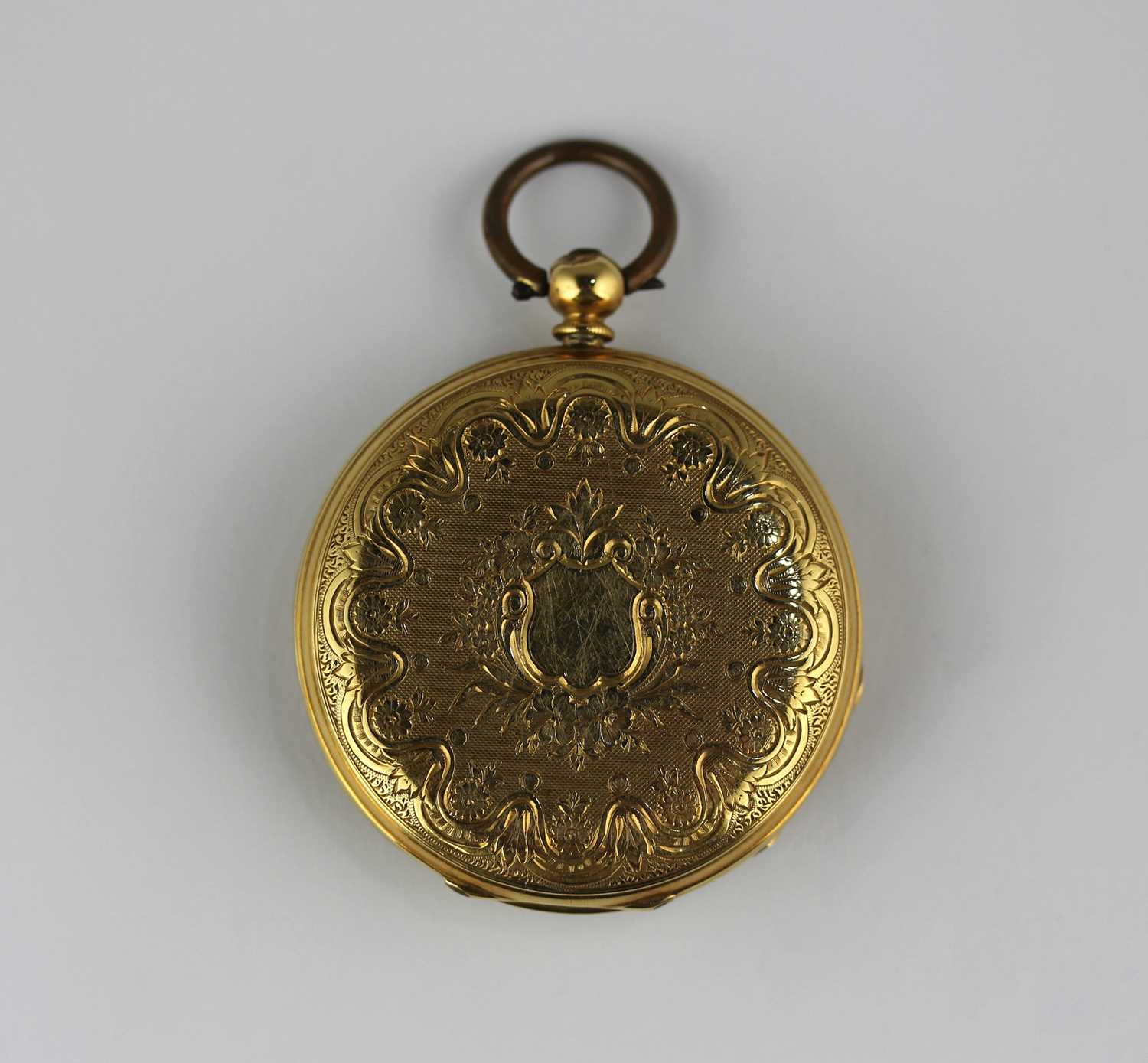 A gold cased key wind open faced ladies fob watch with an unsigned movement, base metal inner - Image 2 of 2
