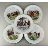 Five Wedgwood porcelain plates decorated with various scenes from Surtees' Jorrocks' Jaunts and