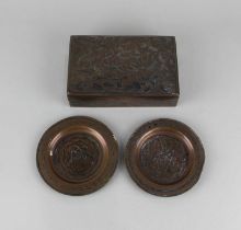 A Cairo ware copper and white metal inlaid box 14.5cm and two small trinket dishes