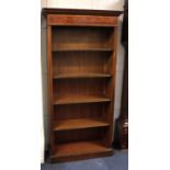 A Sheraton revival marquetry inlaid mahogany tall open front bookcase, 20th century, the moulded