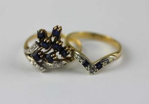 A gold diamond and sapphire ring designed as a floral spray, hallmarks worn, ring size P 1/2, and