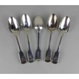 A set of Victorian silver five fiddle pattern dessert spoons with engraved initial, marker Samuel