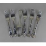 Six George IV silver Kings pattern table forks with engraved initials, various makers and dates to