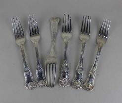 Six George IV silver Kings pattern table forks with engraved initials, various makers and dates to