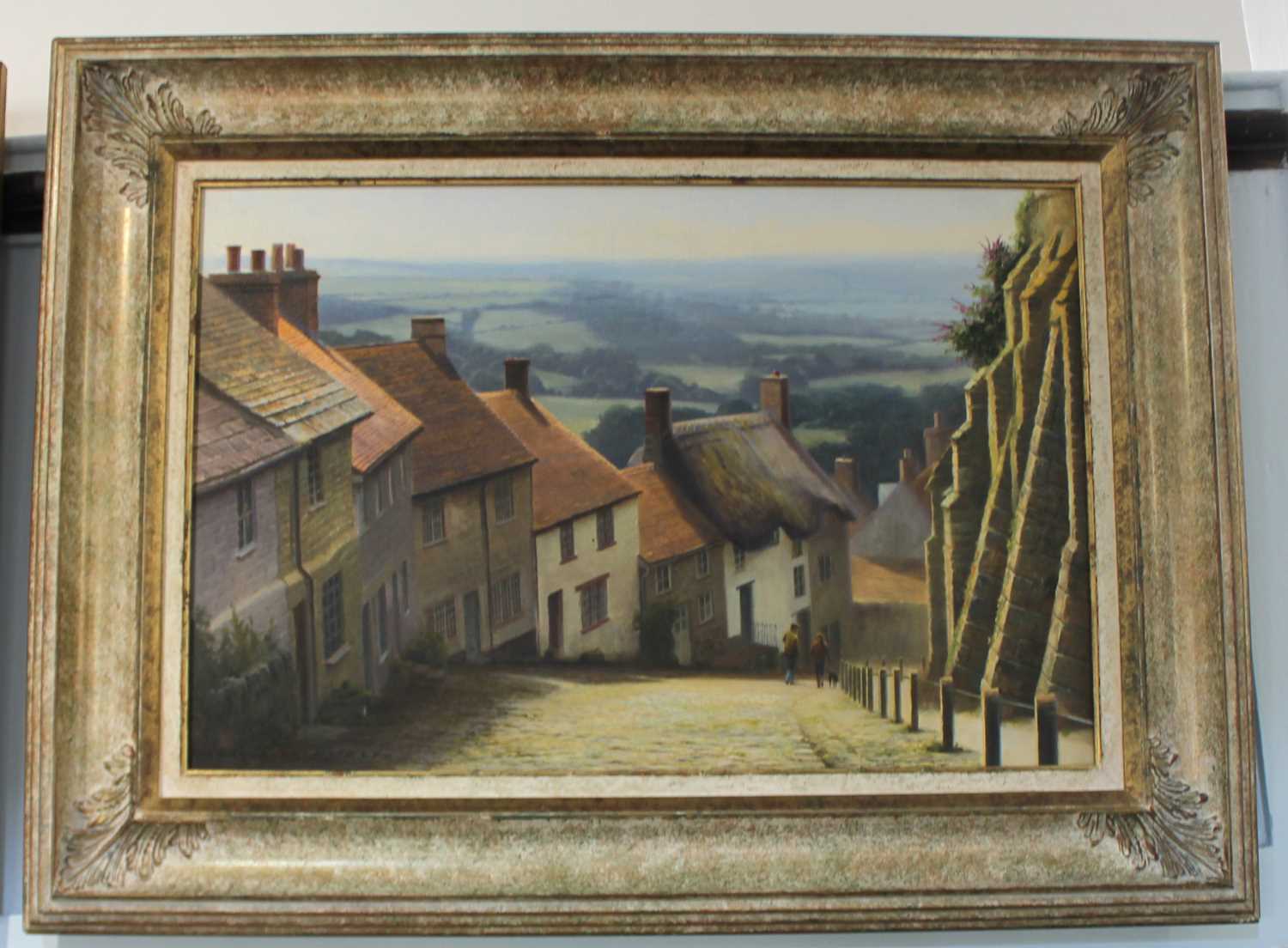 Duncan Palmar (20th century), Dorset landscape, 'Over the chimneys, Gold Hill', Shaftesbury, oil