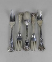 Five George IV silver Kings pattern dessert forks with engraved initials, three by Thomas Dicks,