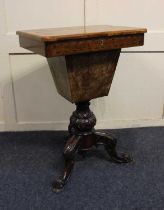A Victorian walnut inlaid work table on carved tripod legs 45cm (a/f)