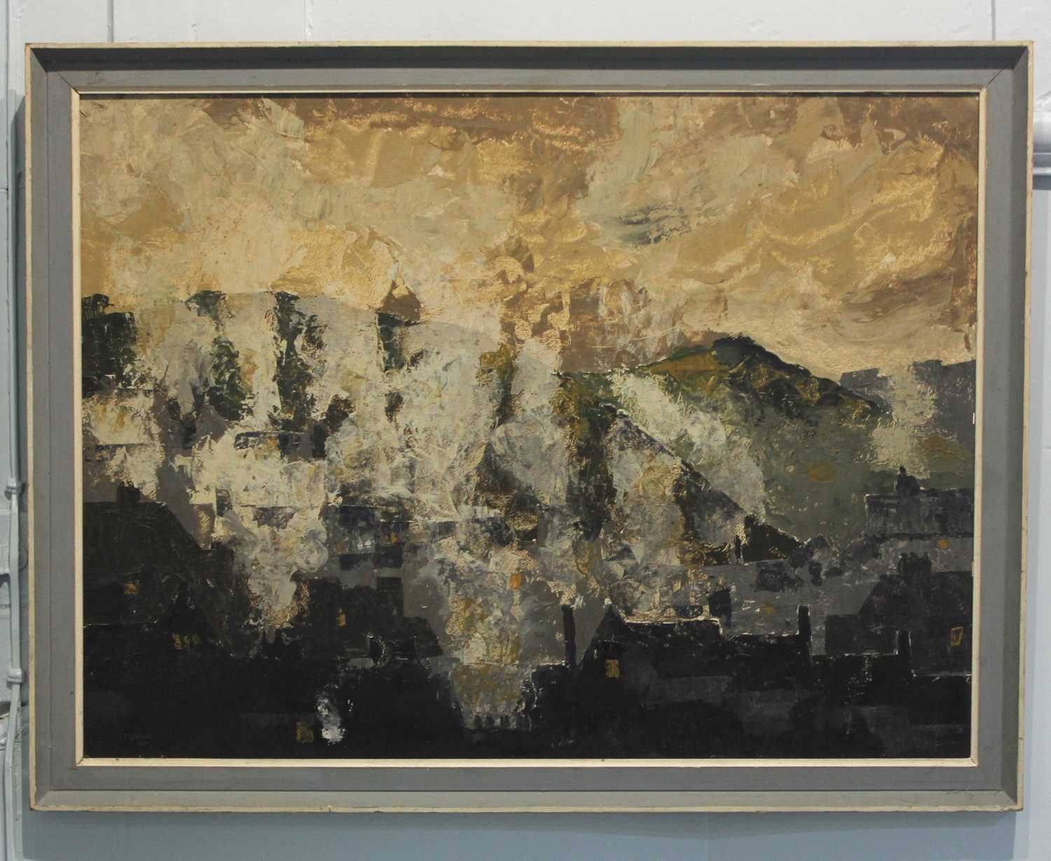 T G Wood (20th century), mountainous landscape with buildings in the foreground, oil on board,