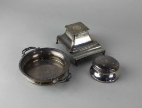 A George V silver ink well hinged lid with engraved initials and inscription, with pen tray on small