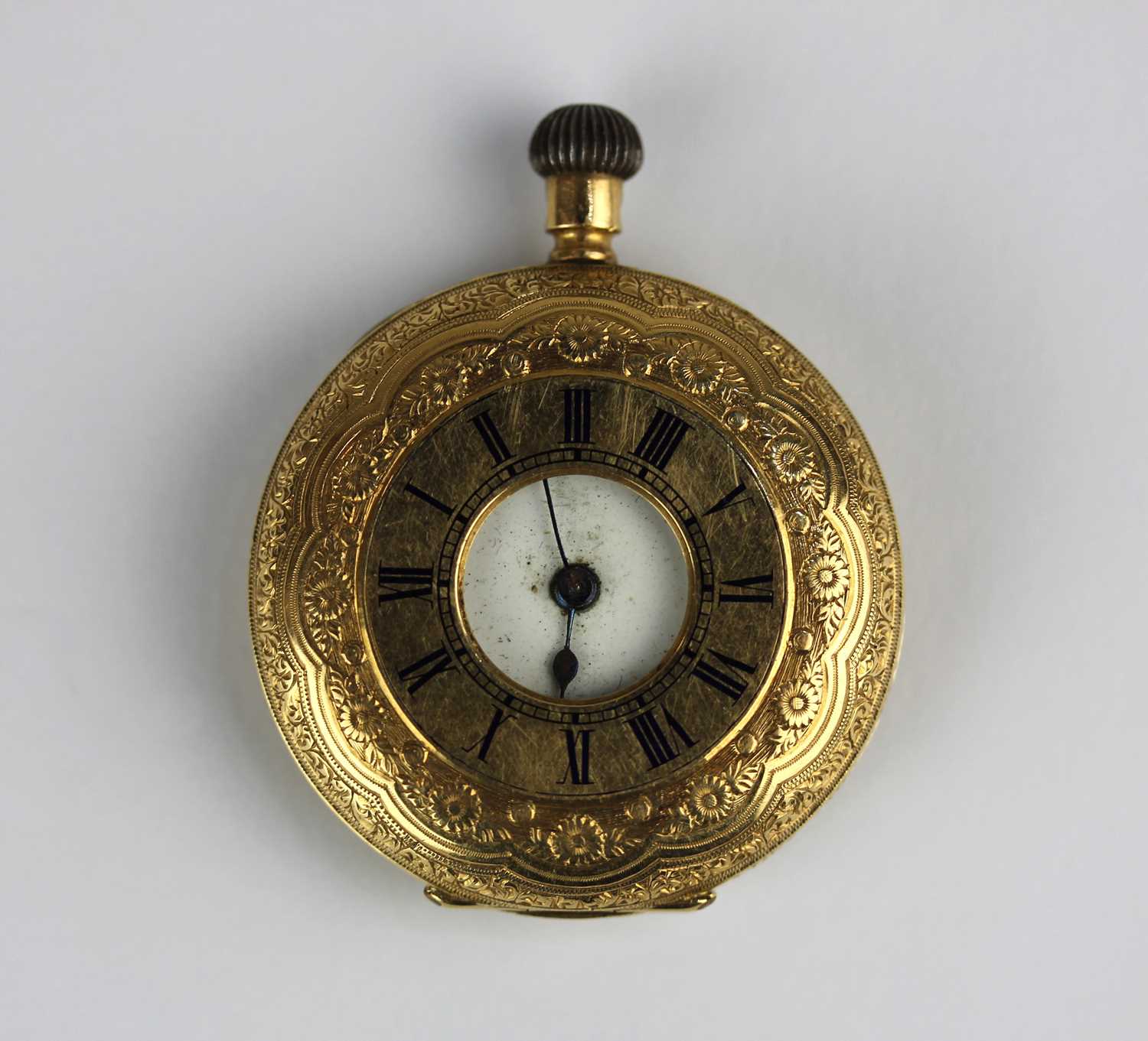 A gold keyless wind half hunt in case lady's fob watch with a base metal inner case, the case