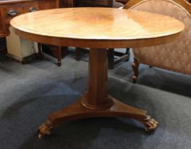 A Victorian mahogany breakfast table with circular tilt top, faceted column on tripartite platform