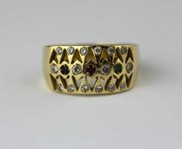 A gold cubic zirconia and coloured gemstone set ring pierced in an openwork design, detailed '