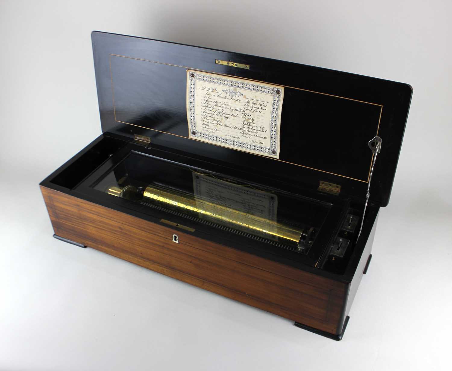 A 19th century Swiss rosewood and marquetry inlaid music box by Nicole Freres, playing twelve - Image 2 of 2