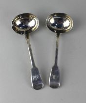 A pair of George IV silver sauce ladles Fiddle pattern handles with engraved initials, maker James