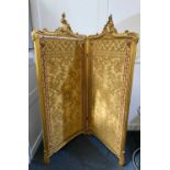 A Louis XV style gesso and giltwood framed room screen with two folding panels each panel 164cm by