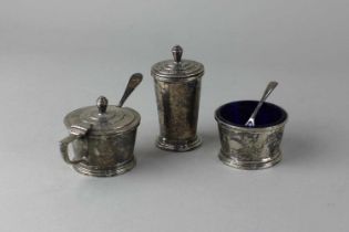 An Art Deco George VI silver three piece cruet set with blue glass liners, and spoon, maker Walker