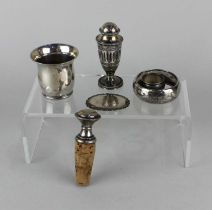 A Dutch silver pepper pot, with blue glass liner, a small pot, two serviette rings with engraved