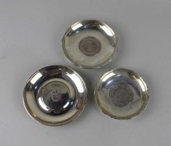 A Prince of Wales 1969 Royal commemorative small circular silver dish 10cm and two Wai Kee Hong Kong