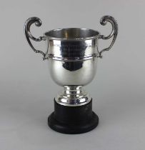 An Edward VII silver trophy cup with twin scroll handles and presentation inscription, maker William