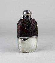 An Edwardian silver and leather mounted glass hip flask, William Hutton & Sons Ltd, London 1906,
