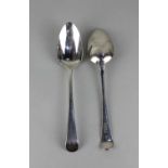 A pair of George III silver Old English pattern tablespoons with engraved initials, maker Richard