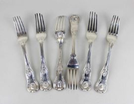 A set of six William IV silver Kings pattern dinner forks with engraved armorial, makers John, Henry