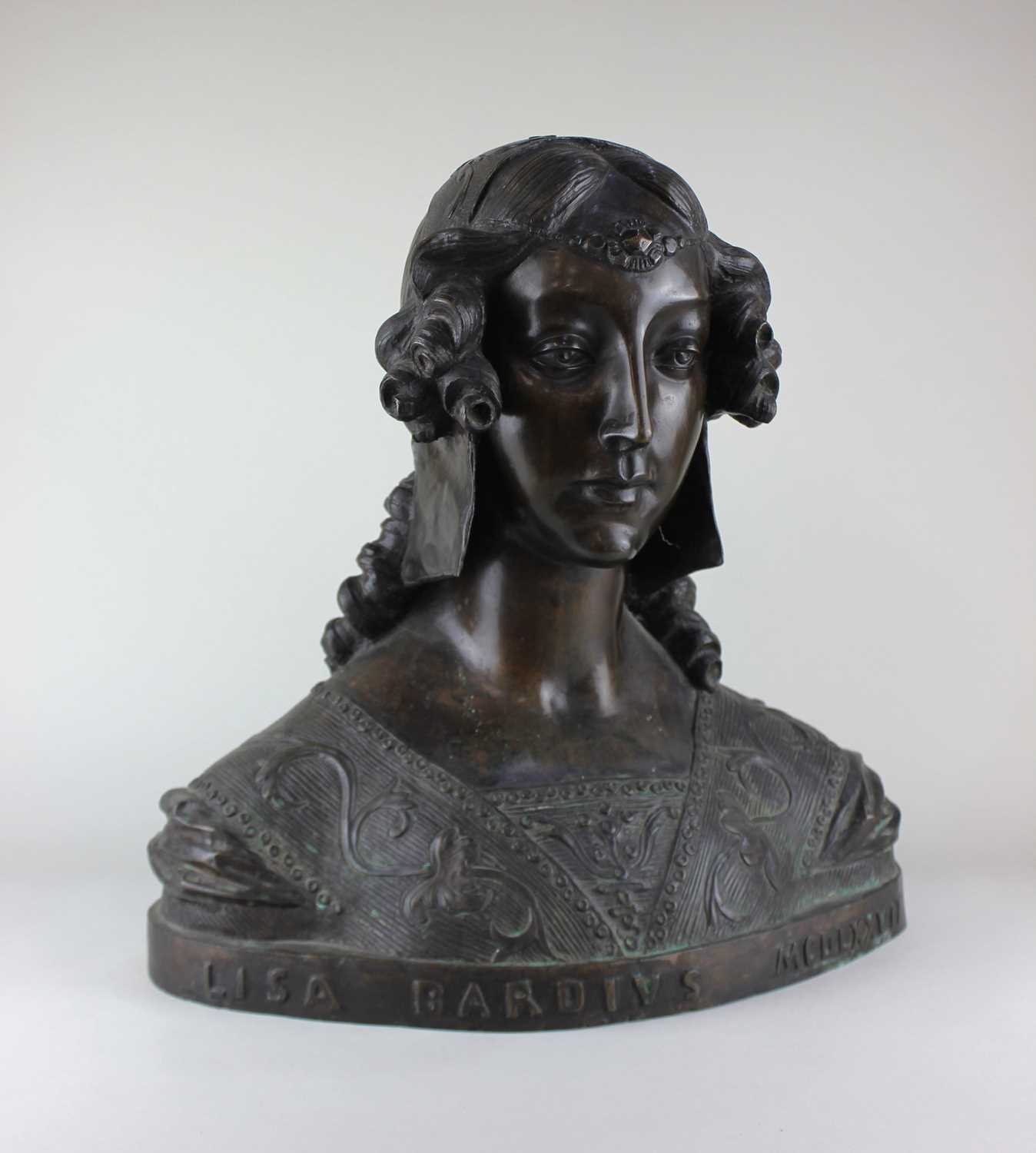 A Renaissance style bronze bust of a young woman, wearing a coif and embroidered bodice, the base