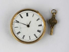 A gold cased key wind open faced lady's fob watch, with a gilt metal inner case, the outer case with