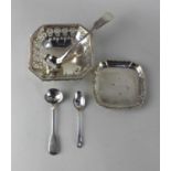 A mid 20th century small silver dish with pierced sides, Birmingham 1950, another small square