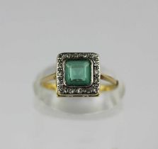 A gold, diamond and pale emerald square cluster ring mounted with the cut cornered square pale