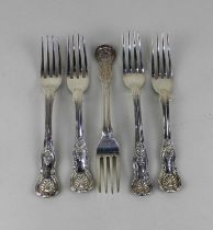 Five early 19th century silver Kings pattern dessert forks with engraved armorials, two 1817, two