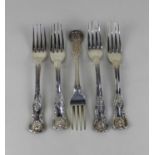 Five early 19th century silver Kings pattern dessert forks with engraved armorials, two 1817, two