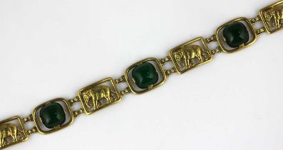 A gold and dyed green agate bracelet, designed as a row of rectangular links pierced with