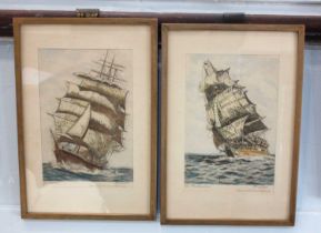 Fred Law, a pair of hand coloured maritime etchings of schooners, inscribed and signed in pencil,