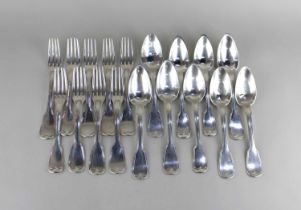 Nine French silver table forks and nine silver tablespoons, with fiddle and thread handles, and