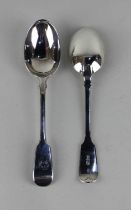 A pair of Edward VII silver Fiddle pattern tablespoons with engraved initials, maker Robert Pringle,