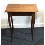 A walnut inlaid parquetry rectangular side table with block pattern centre panel above single drawer