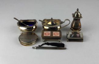 A collection of small silver items, to include a classical revival 3 piece condiment set (