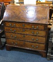 A George III mahogany bureau, fall front enclosing a fitted interior above four graduated drawers,
