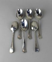 A set of six George V silver dessert spoons with rat tail bowls and engraved armorials, maker Mappin