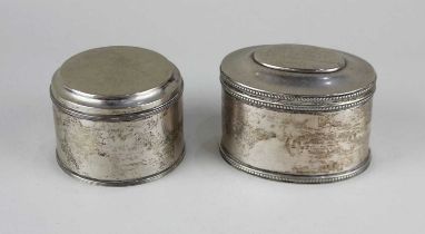 Two Dutch silver dressing table boxes one oval, the other circular shape with hinged lids, 9.8oz,