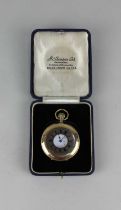 A J W Benson 9ct gold half hunter pocket watch top wind movement with white enamel dial and Roman