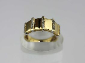 A gold and colourless gemset ring mounted with five rows of colourless gems, ring size N, gross