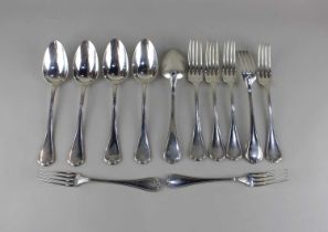 A set of five French silver dinner forks, two dessert forks and five soup spoons, with thread and