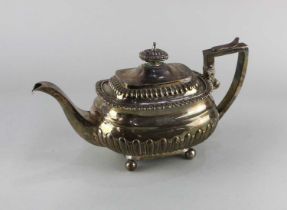 A George III silver tea pot rectangular demi reeded with gadrooned border, maker John Edward Terry