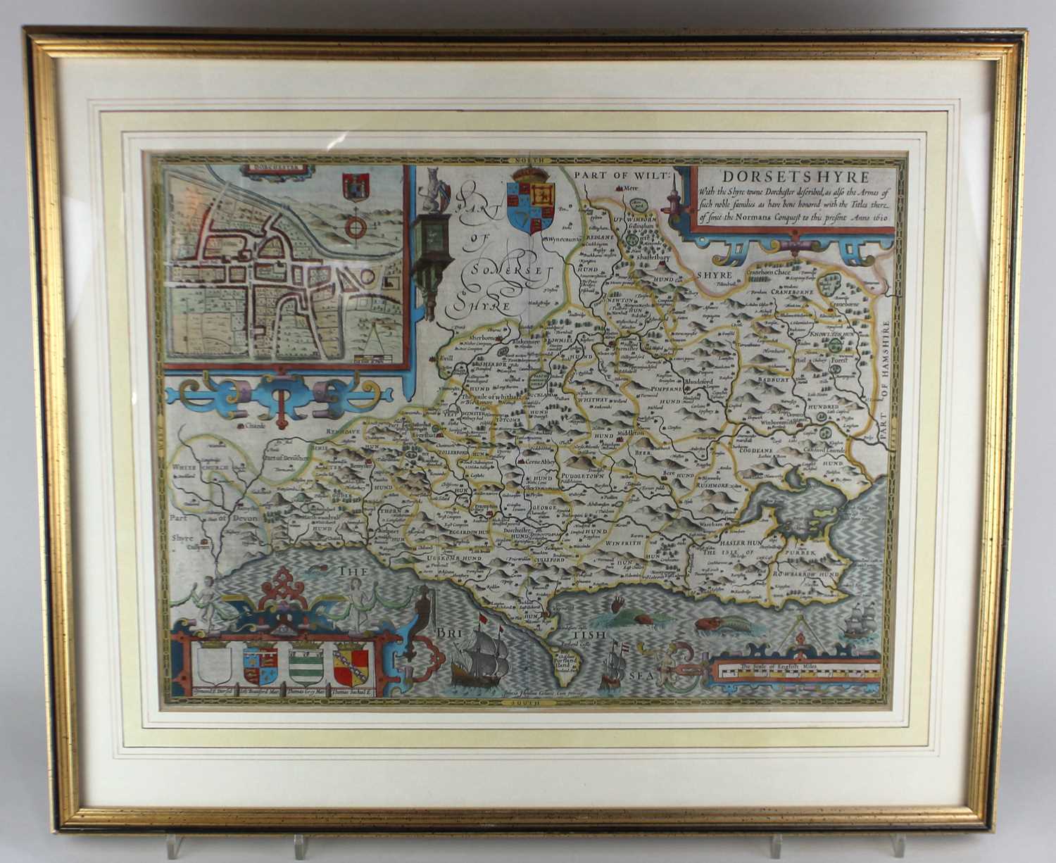 John Speed (1552-1629), 'Dorsetshyre', a hand-coloured engraved map, with a plan of Dorchester, text