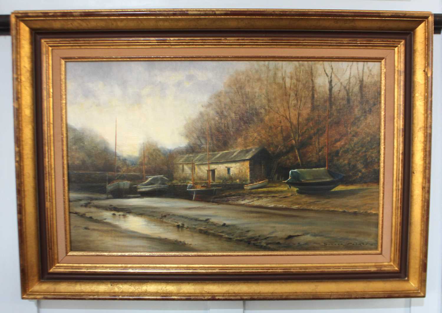 Duncan Palmar (20th century), moored boats, 'Helford Backwater', oil on canvas, signed and dated 88,